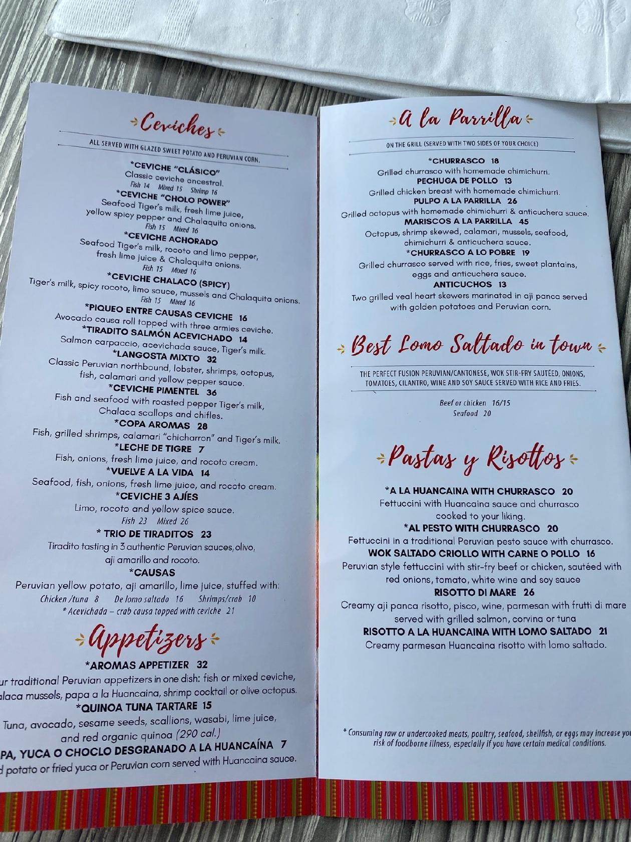 Carta del restaurante Aromas del Peru, Miami, SW 8th St