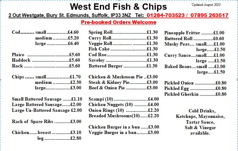 Menu at West End Fish And Chips fast food, Bury Saint Edmunds