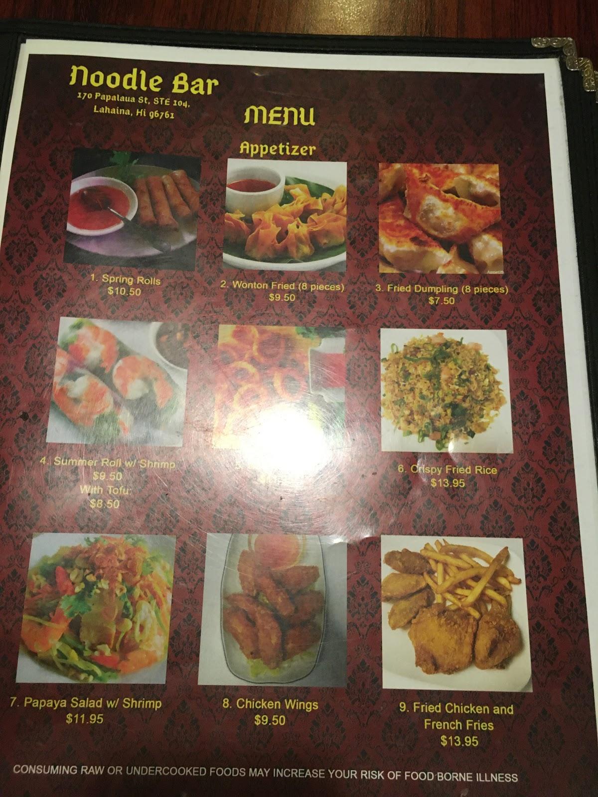 Menu at Noodle Bar, Lahaina