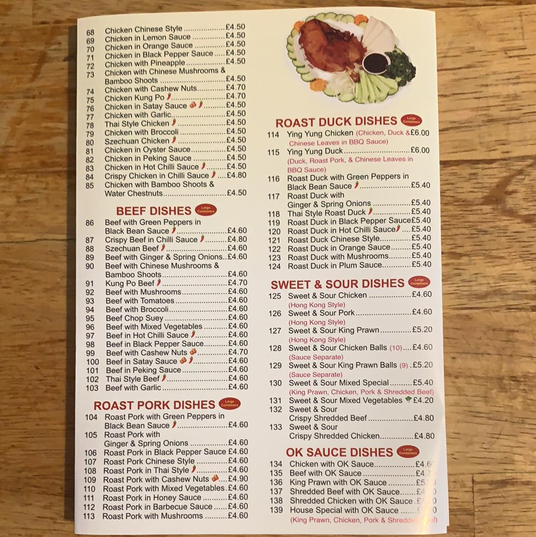 Menu at Peking house, Whitehaven