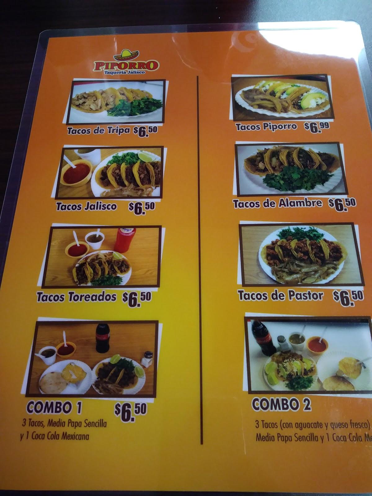 Menu at Piporro Taqueria Jalisco restaurant, McAllen