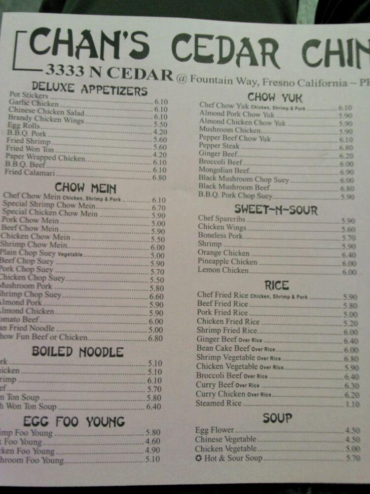 Menu at Chan's Chinese Food restaurant, Fresno