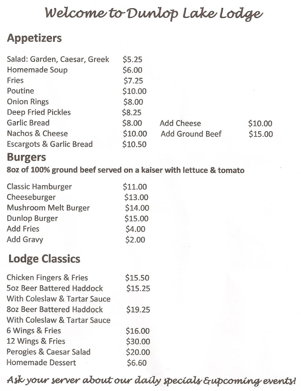 Menu at Dunlop Lake Lodge restaurant, Elliot Lake
