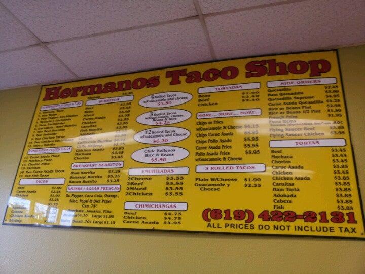 Menu at Hermanos Taco Shop restaurant, Chula Vista