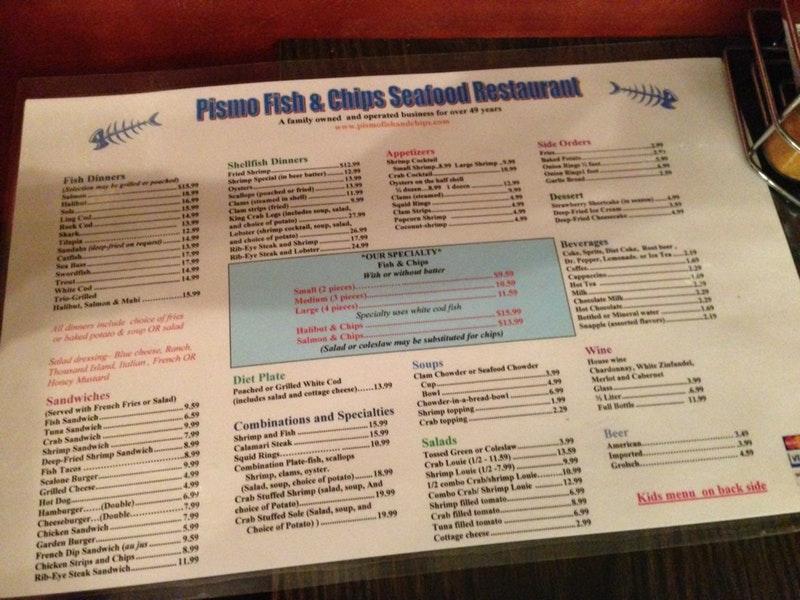 Menu at Pismo Fish and Chips pizzeria, Pismo Beach