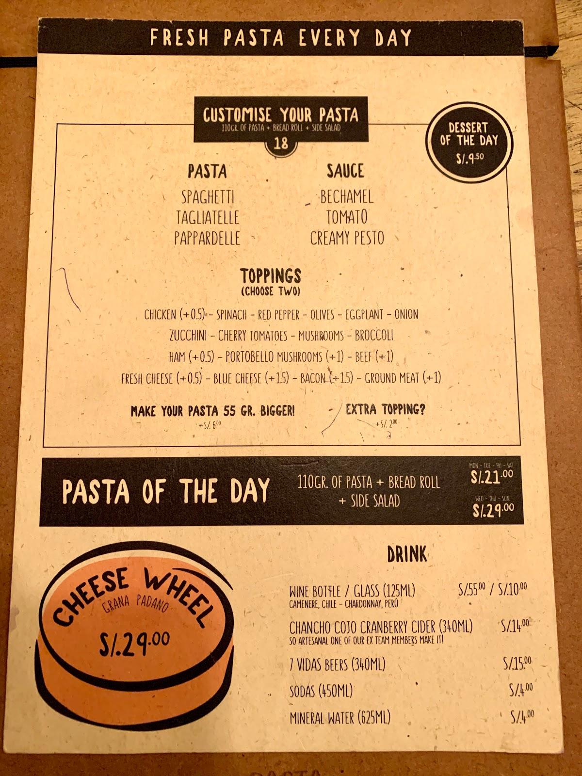 Menu at Pasta Canteen restaurant, Arequipa