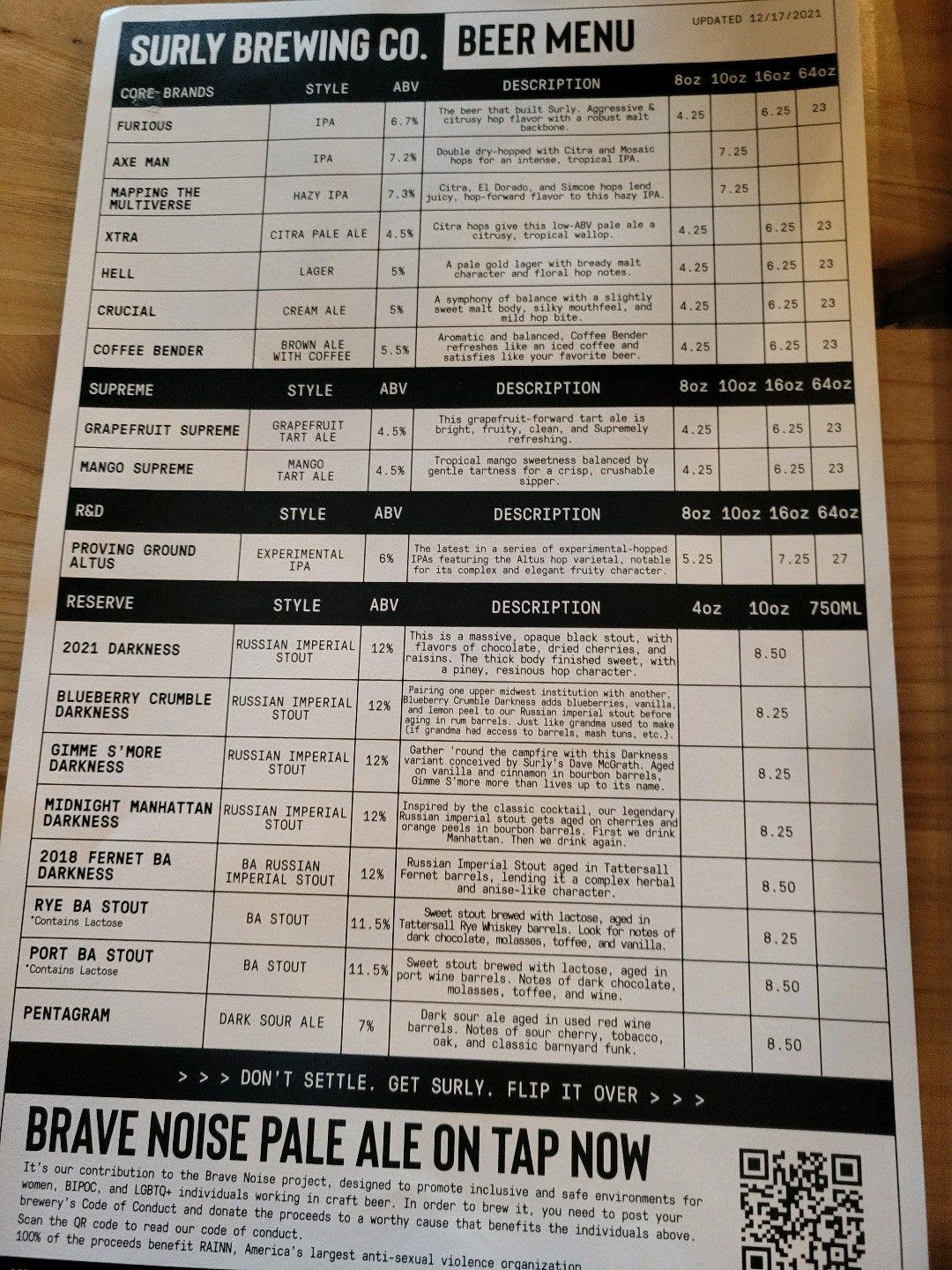 Menu at Surly Brewing Co. pizzeria, Minneapolis