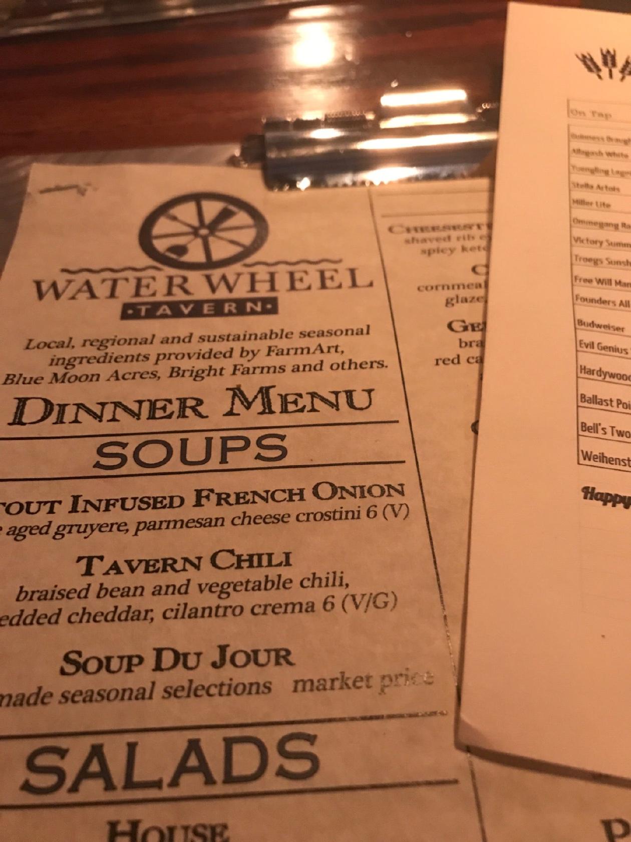 Menu at Water Wheel Tavern pub & bar, Doylestown