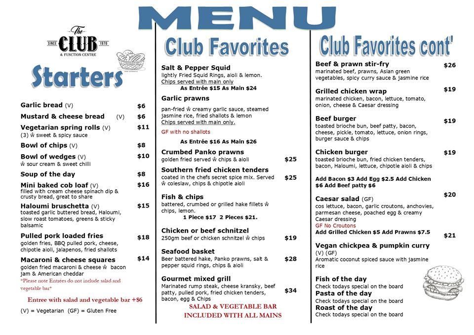 Menu at Southern Districts Workingmen’s Club, Morphett Vale