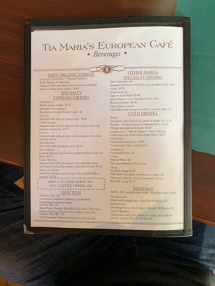 Menu at Tia Maria's European Café cafe, New Bedford, 42 N Water St