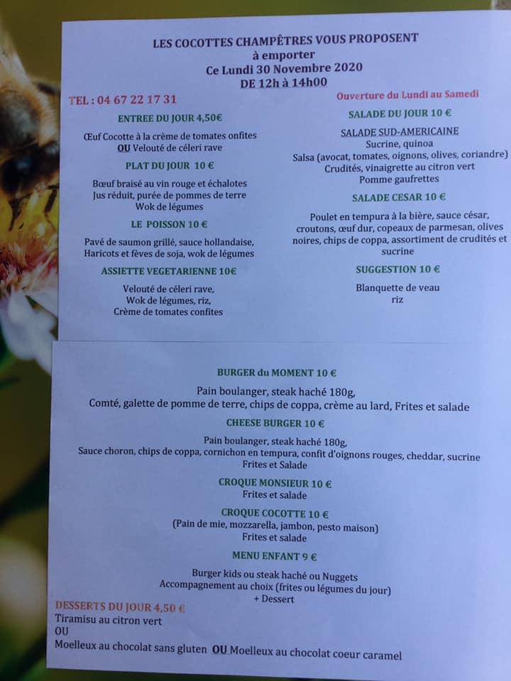Menu at Les cocottes champêtres restaurant, Montpellier
