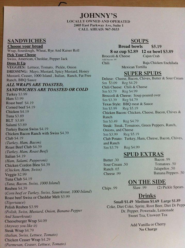 Menu at Johnny's Ice Cream & Deli restaurant, Russellville