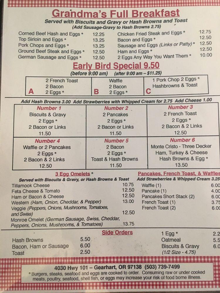 Menu at Grandma's Corner Restaurant, Gearhart
