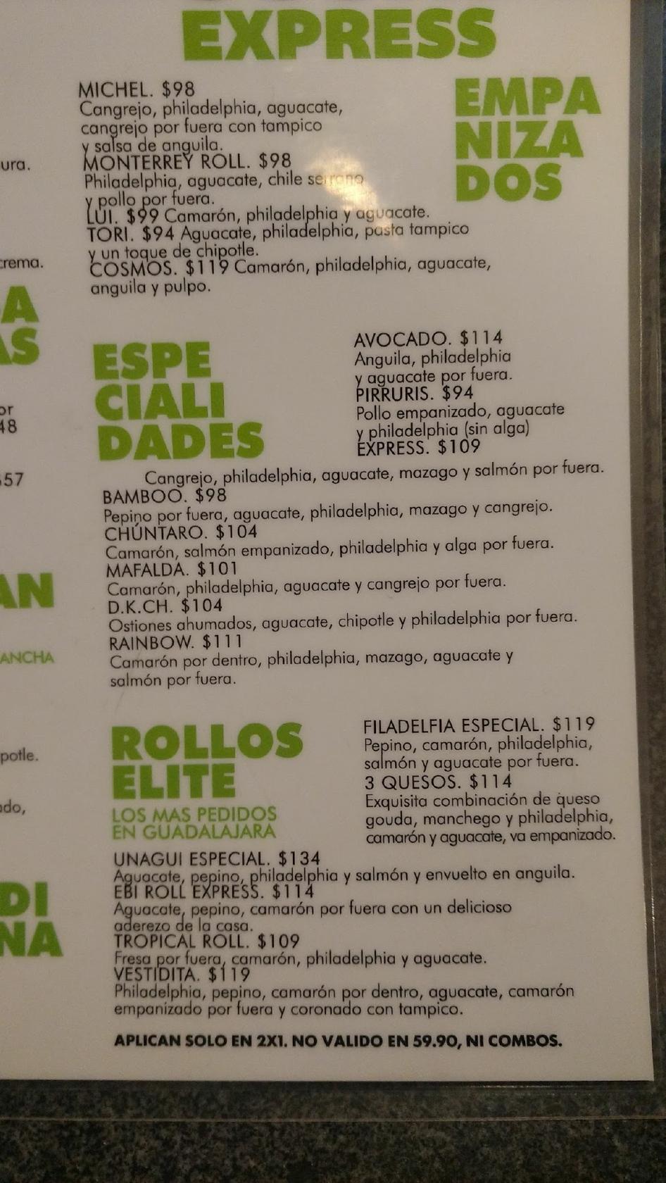 Carta del restaurante Sushi Express, Guadalupe, México 86