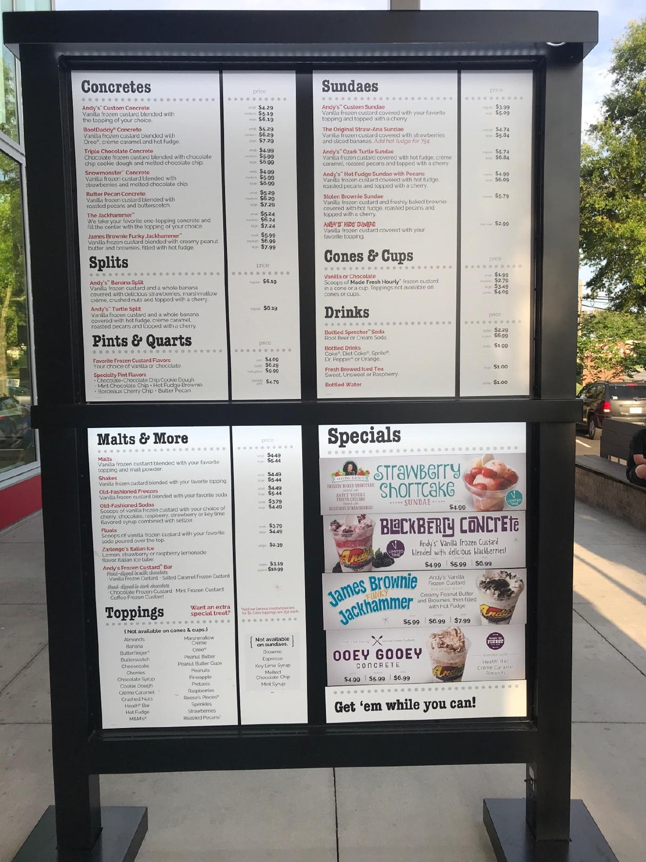 Menu at Andy's Frozen Custard desserts, Alpharetta