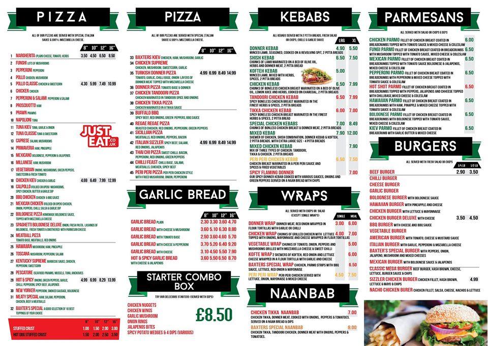 Menu at Baxters Pizza Grill pizzeria, ChesterleStreet