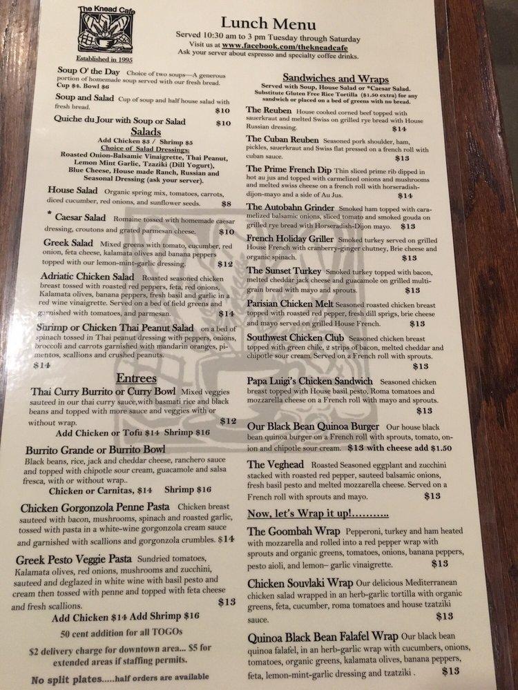 Menu at The Knead Café restaurant, Kalispell