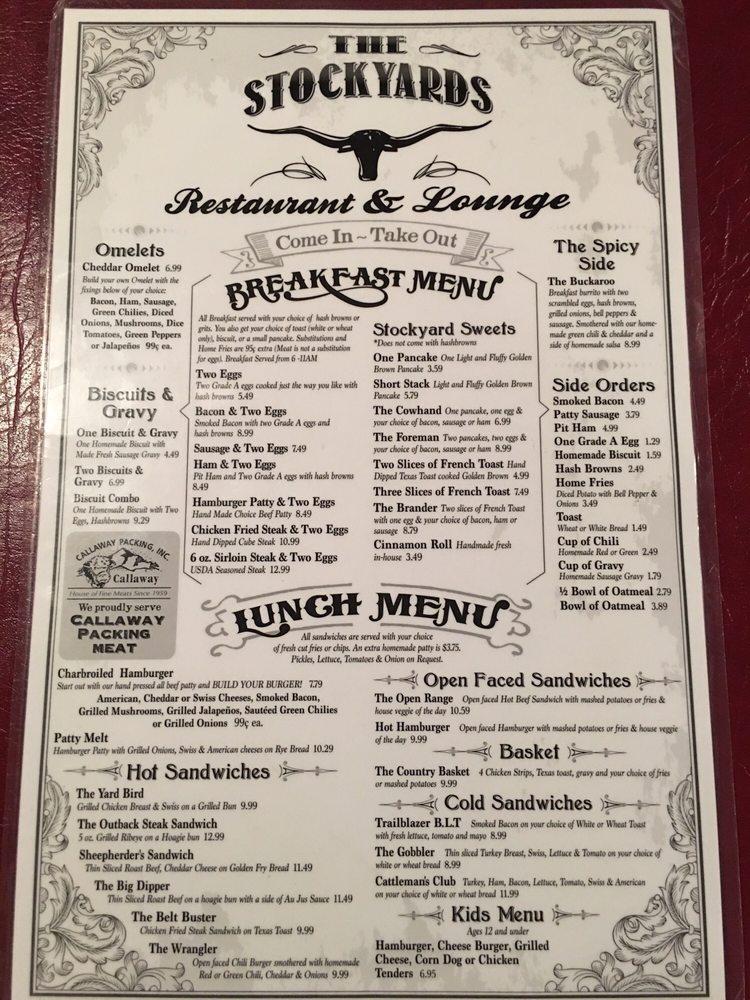 Menu at The Stockyards cafe, Delta