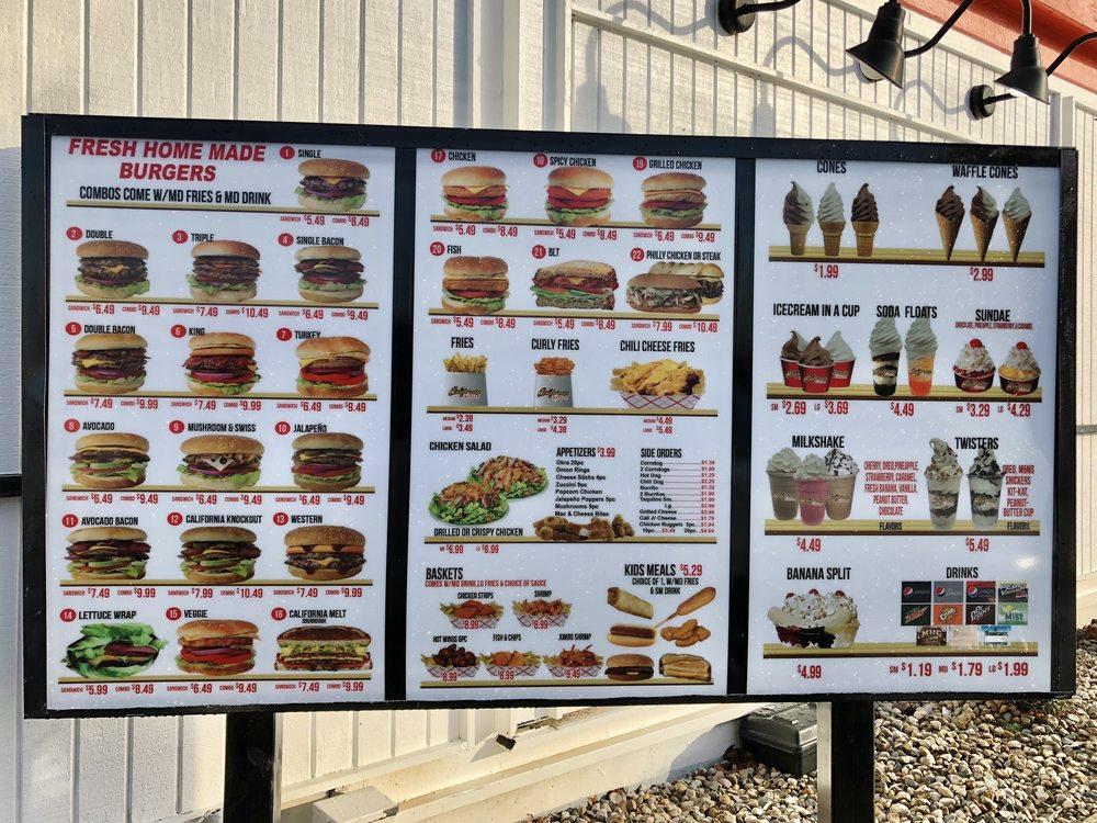 Menu at California Burger fast food, Indianapolis, E 82nd St