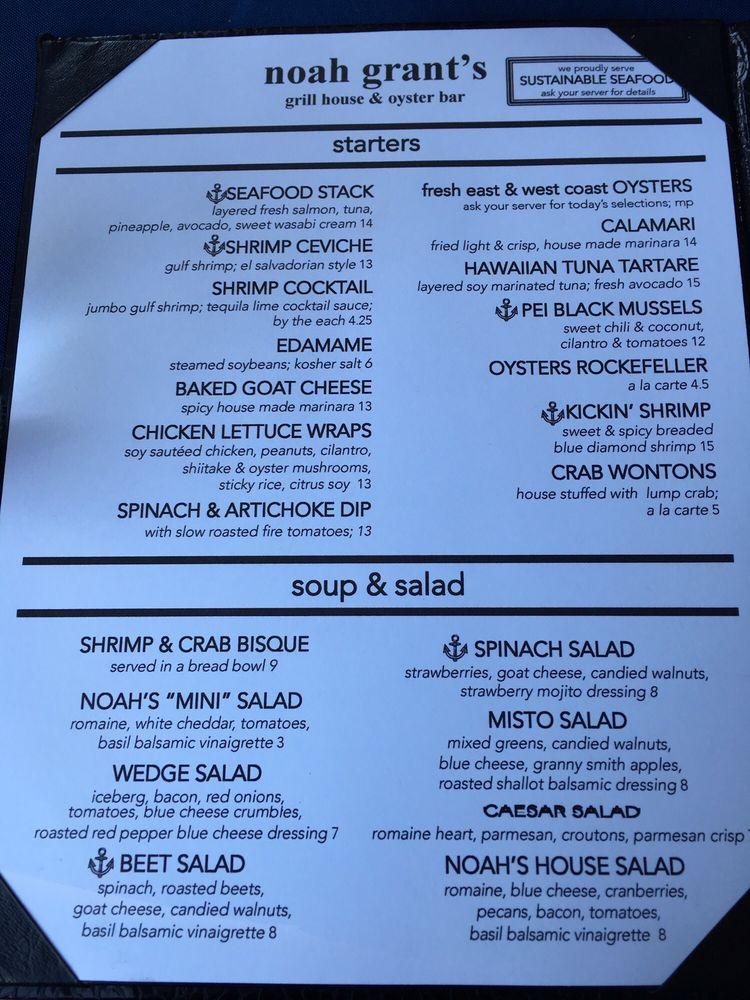 Menu at noah grant's grill house & oyster bar, Zionsville