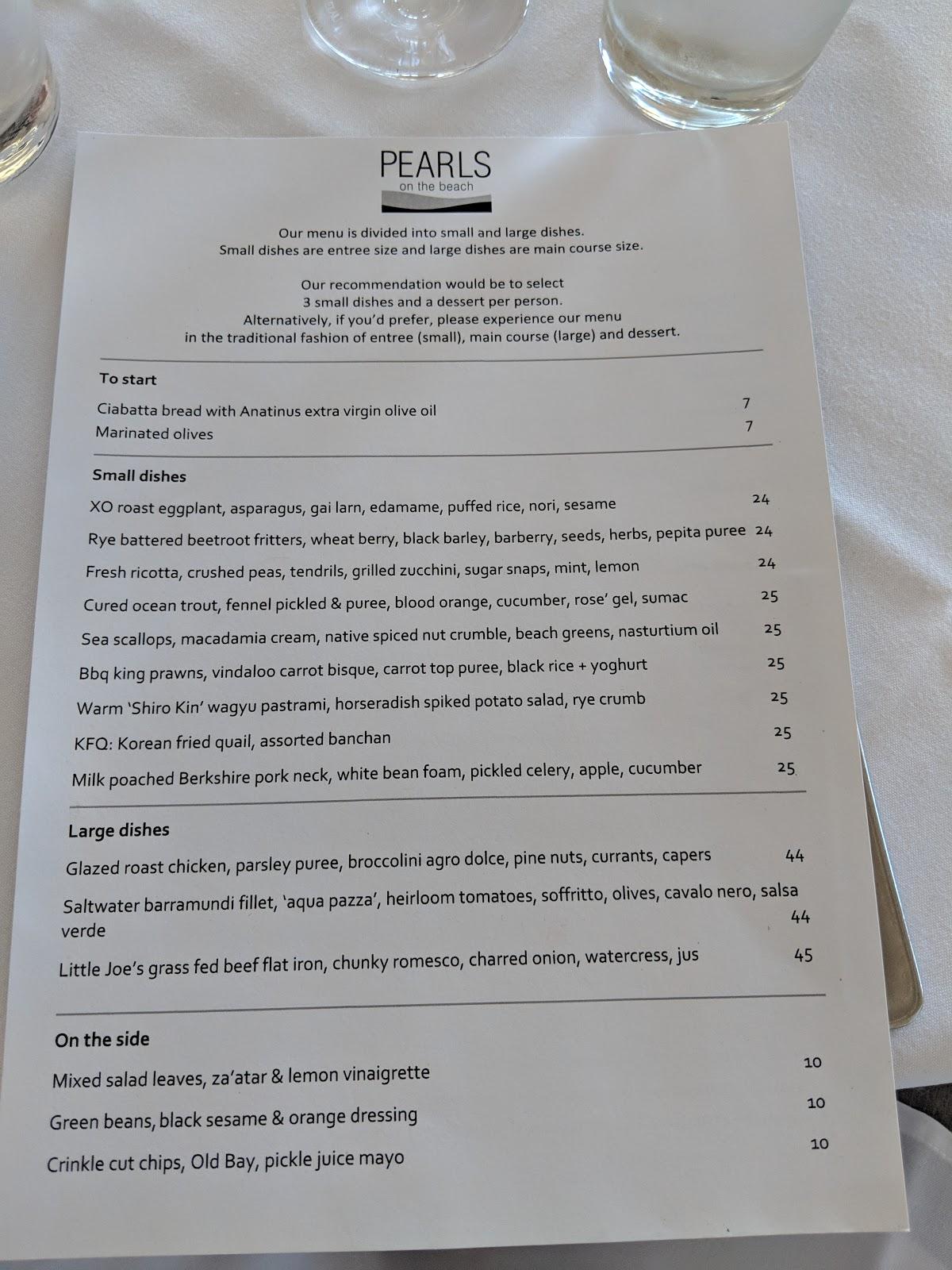 Menu at Pearls on the Beach restaurant, Pearl Beach