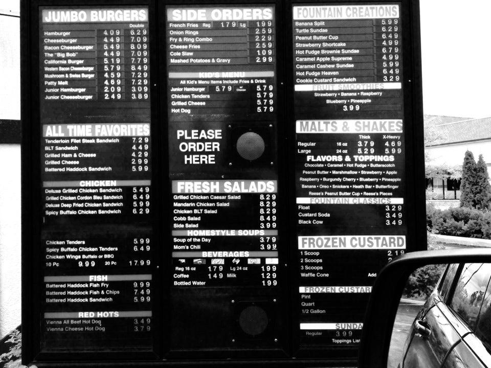 Menu at Robert's Frozen Custard restaurant, Germantown