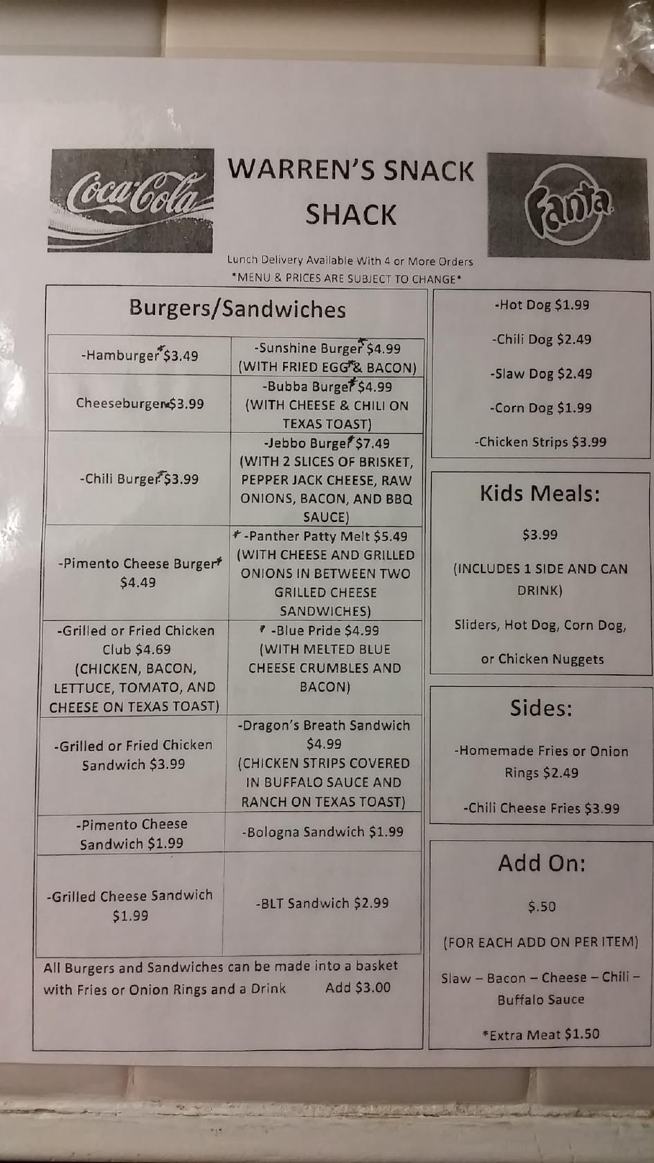 Menu at Warren's Breakfast & Grill restaurant, Braselton
