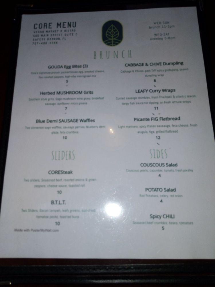 Menu at CORE, vegan market & bistro restaurant, Safety Harbor