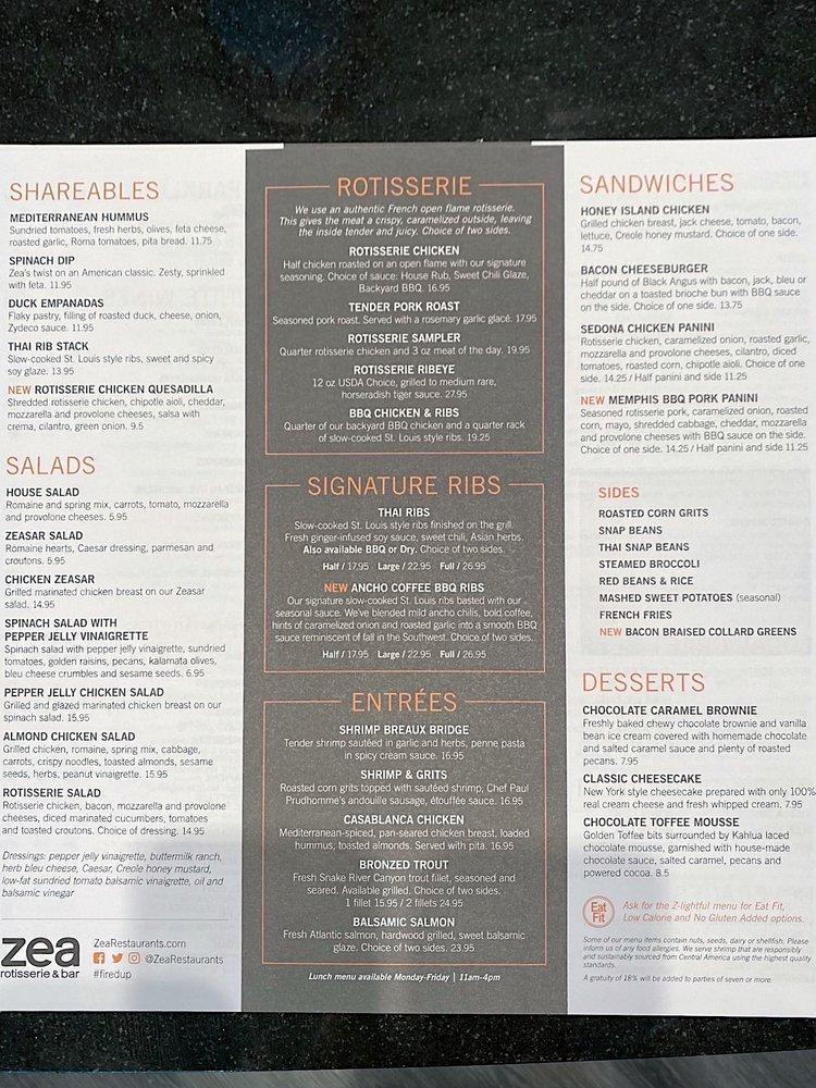 Menu at Zea Rotisserie & Bar, Denham Springs, Crossing Cir
