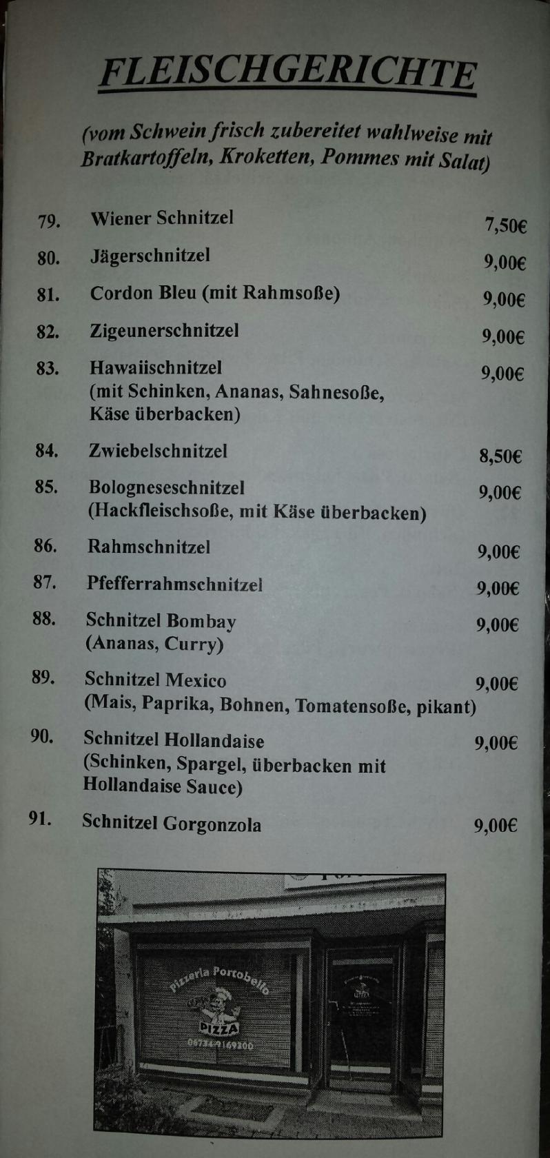 Speisekarte von Pizzeria Porto Bello, Wendelsheim