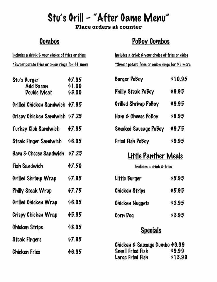 Menu at Stu's Grill restaurant, Merryville, 967 hwy