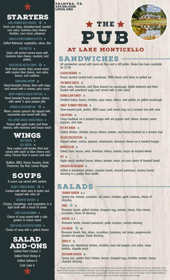 Menu at The Pub at Lake Monticello, Lake Monticello, 51 Bunker Blvd