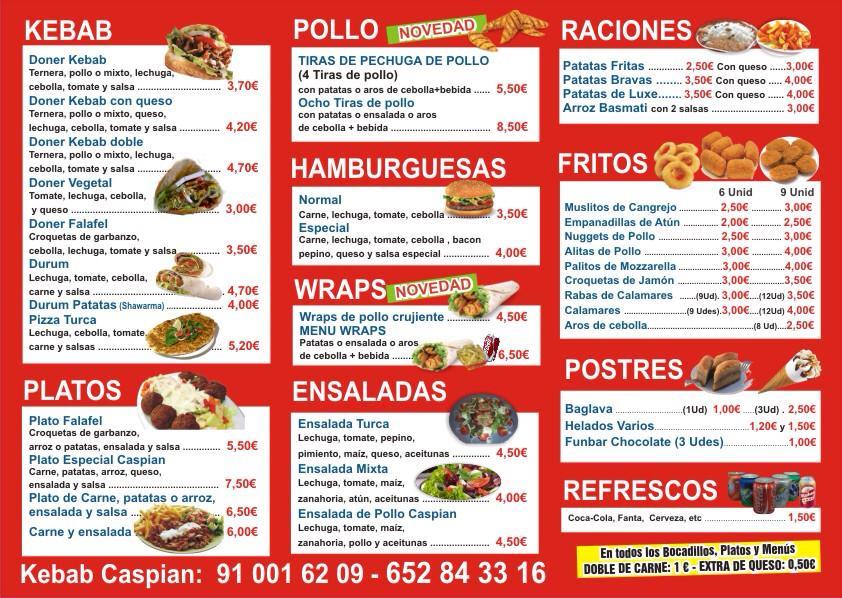 Menu at Kebab caspian restaurant, Alcala de Henares