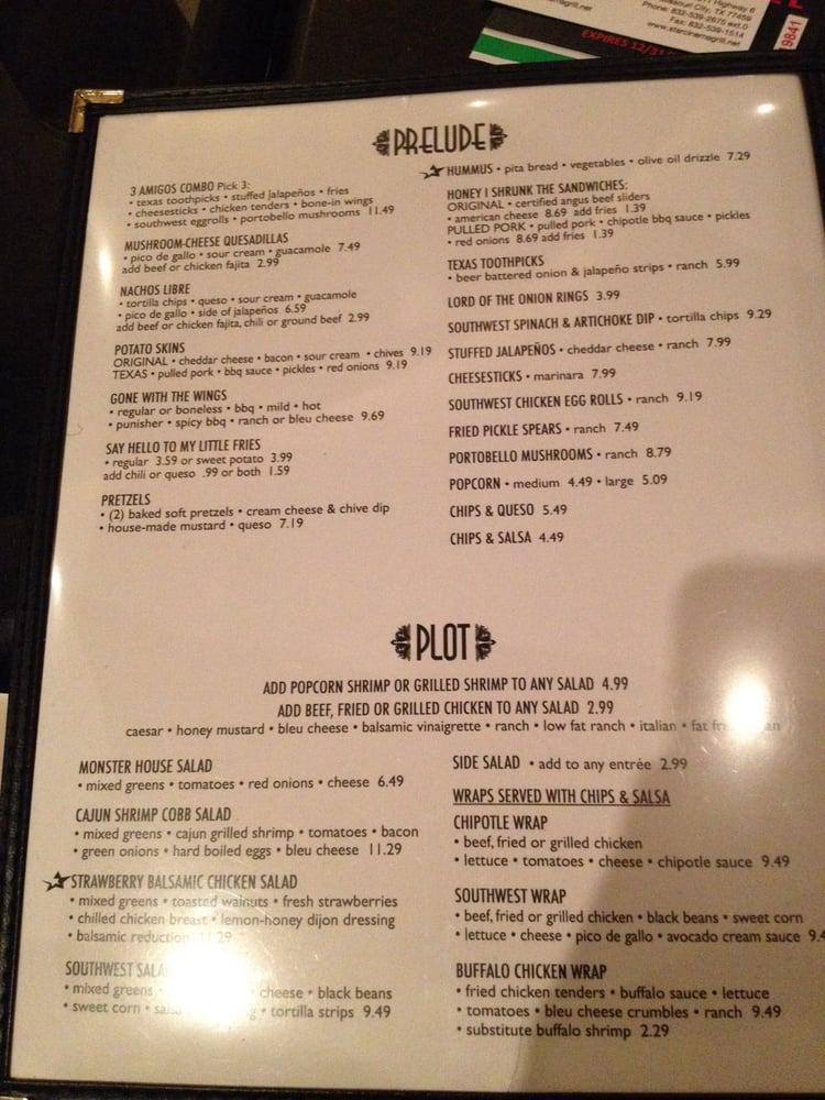 Menu at Star Cinema Grill pub & bar, Missouri City