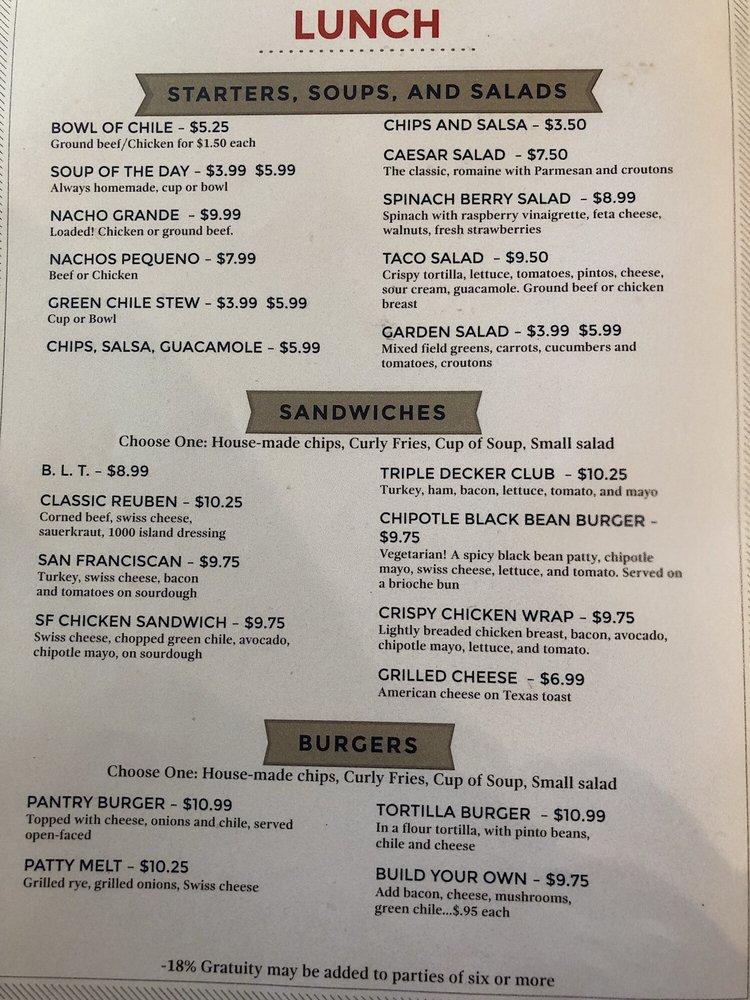 Menu at The Pantry restaurant, Santa Fe