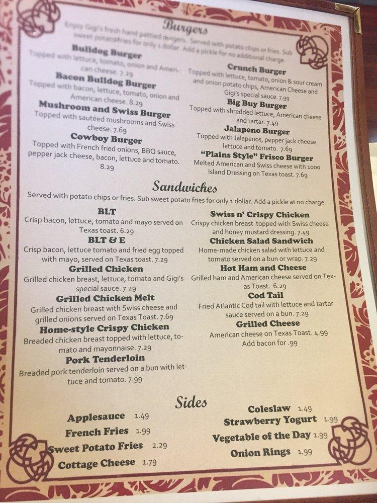 Menu at Gigi's Country Kitchen restaurant, The Plains