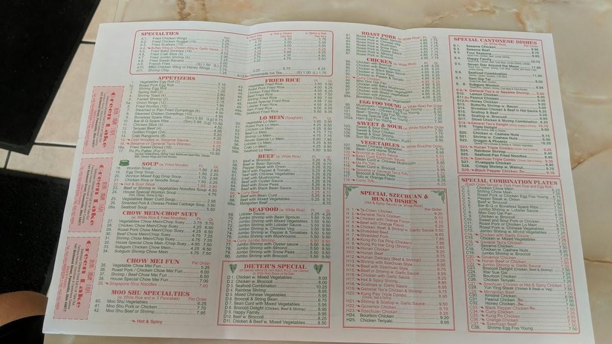 Menu at Green Lake restaurant, Painesville