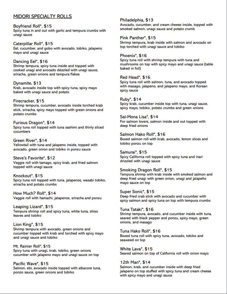 Menu at Midori Sushi and Teriyaki restaurant, Spokane