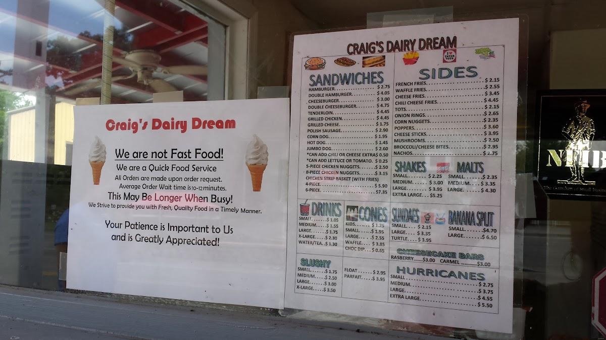 Menu at Craig's Dairy Dream restaurant, Grand Rivers