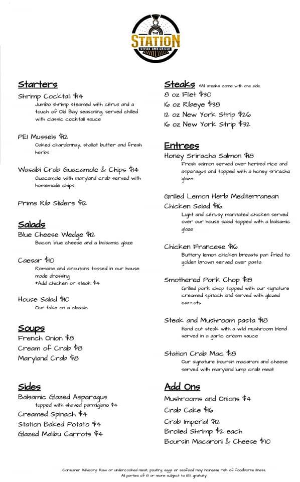Menu at The Station Steak & Grille steakhouse, Centreville