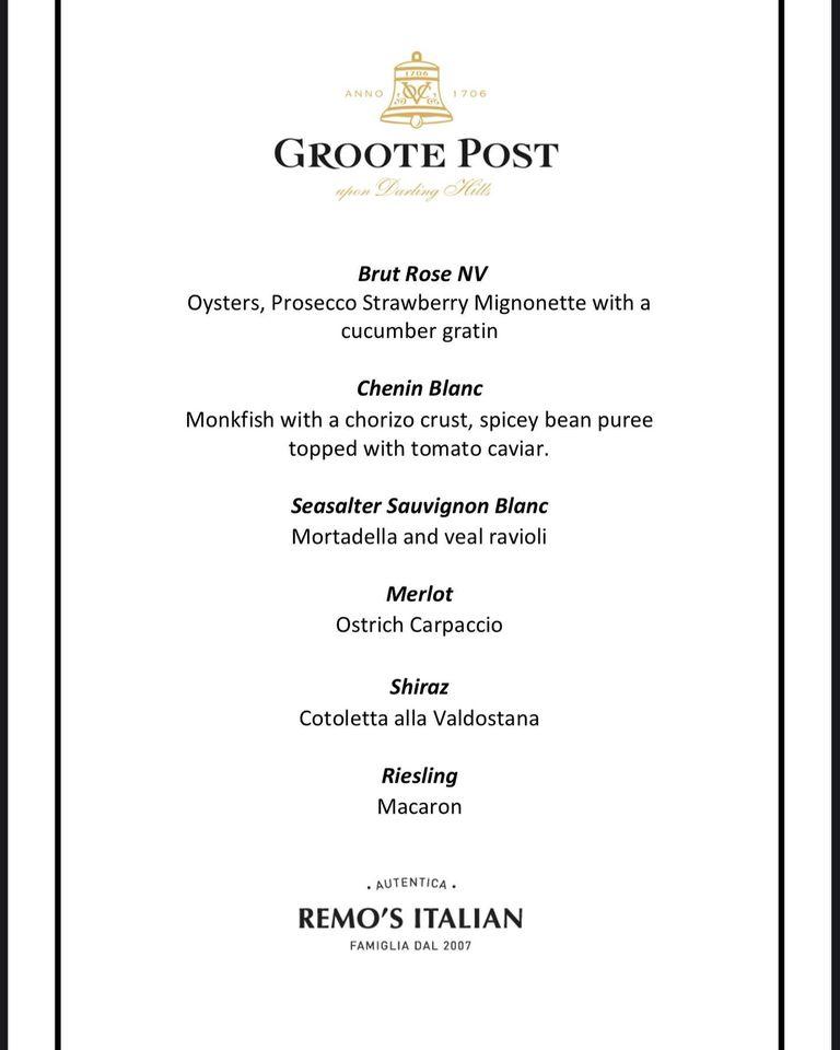 Menu at Remo's Italian restaurant, Port Elizabeth
