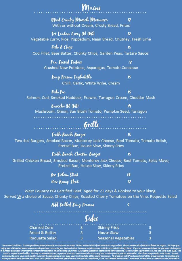 Menu at South Beach Cafe, Exmouth