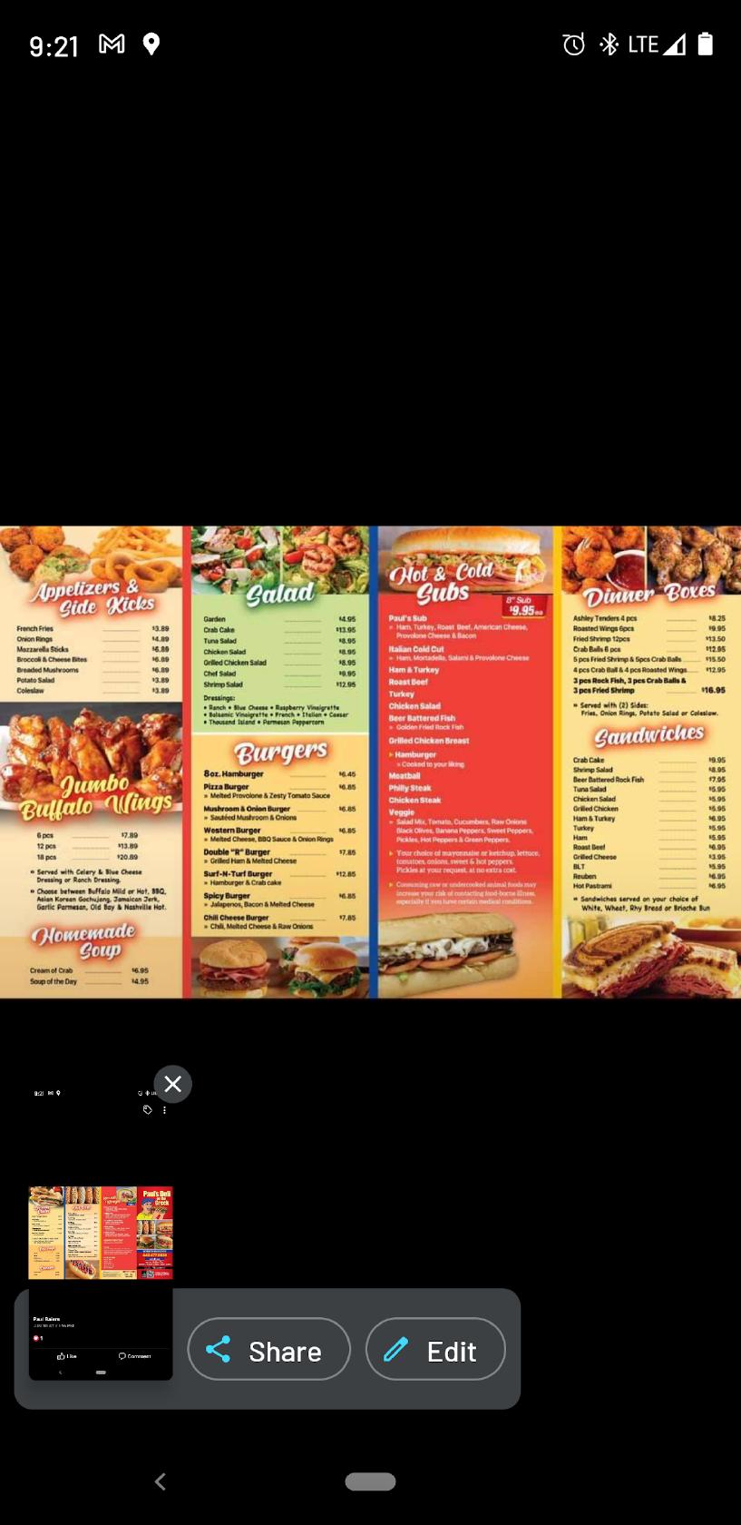 Menu at Paul’s Deli on the Creek, Cambridge