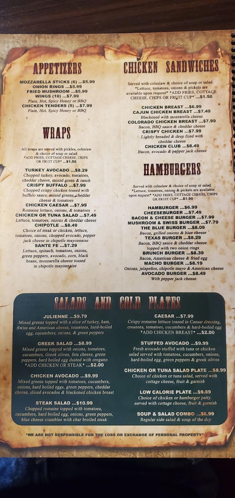 Menu at Shabbona Cafe, Shabbona