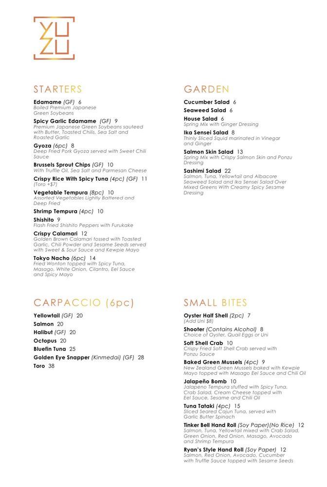 Menu at Yuzu Japanese Sushi Bar, Costa Mesa