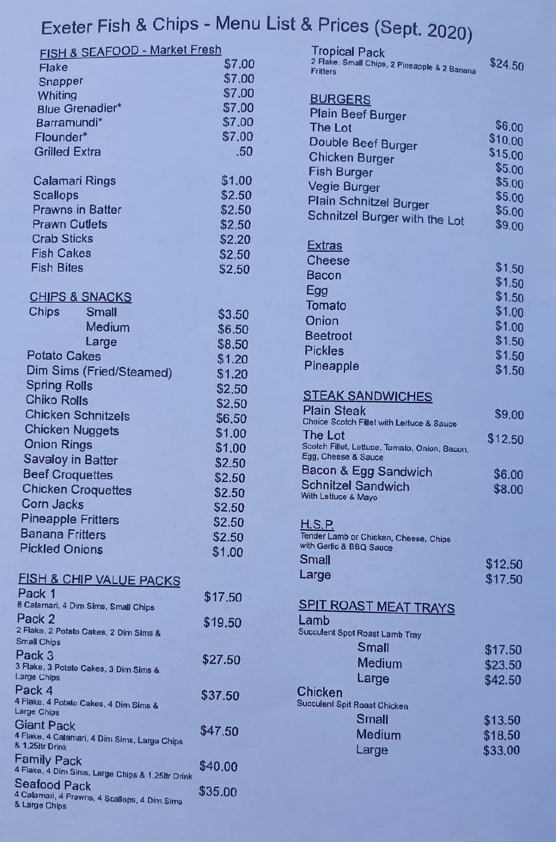 Menu at Exeter Rd Fish and Chips restaurant, Croydon North