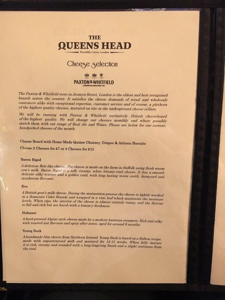 Menu at The Queens Head pub & bar, London, 15 Denman St