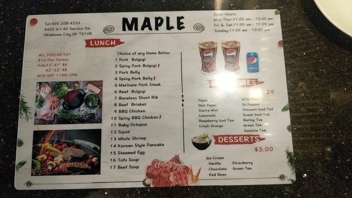 Menu at Maple Korean BBQ & Hot Pot, Oklahoma City