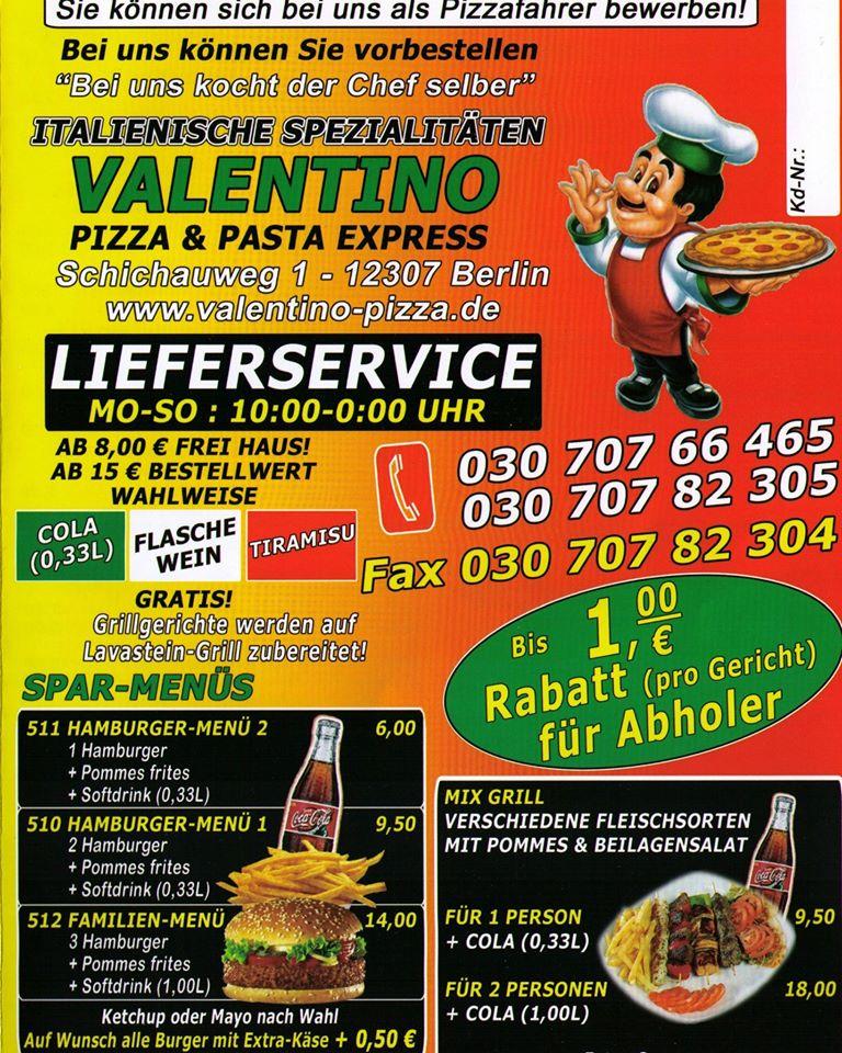 uddanne cirkulation akavet Valentino Pizza — Pasta — Burger Berlin, Berlin, Schichauweg 1 - Restaurant  menu and reviews