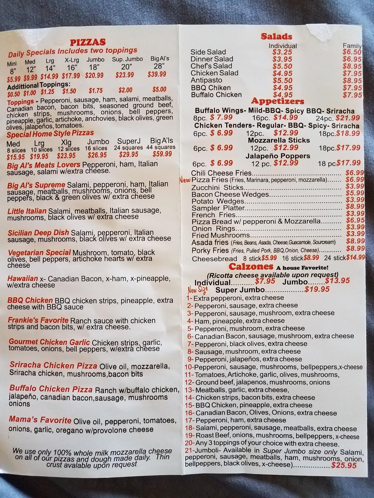 Menu at Big Al's Pizza pizzeria, Lake Los Angeles, 170th St E